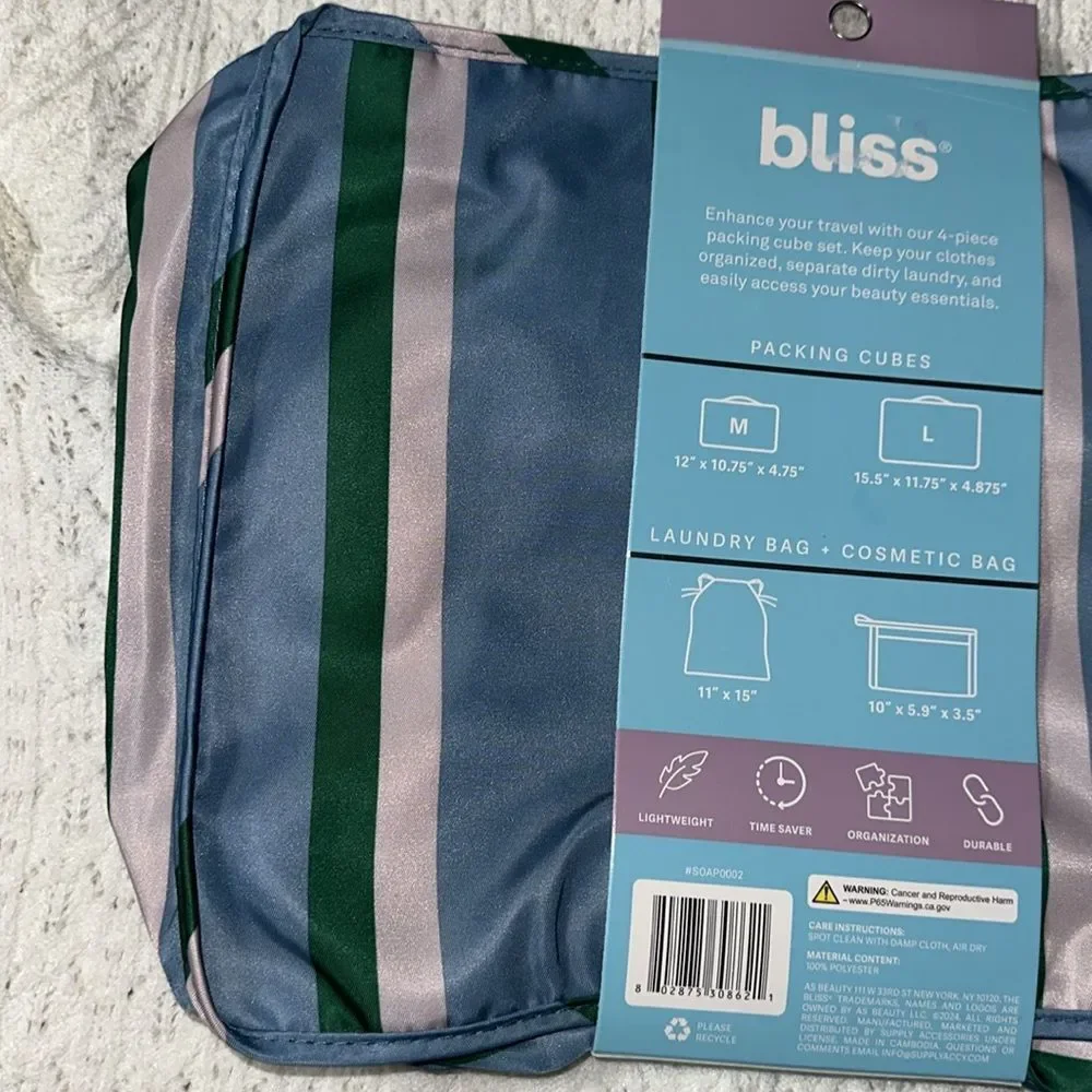 bliss Blue Green Blush Pink Mesh Stripe 4pc Travel Packing Cube Set